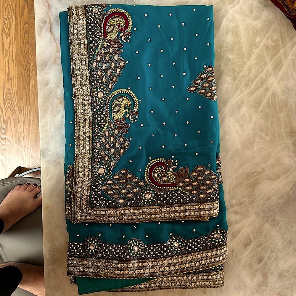 Beautiful sea green /teal green Sari with stonework and bead work lightly worn